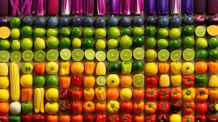 Background of vegetables and fruits. Top view of stalls with organic plant products in the farmer's market or store. Products for a healthy diet. Bright colorful showcase.
