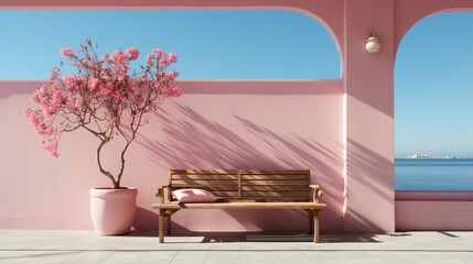pink architecture with a tree and a bench