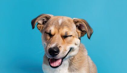 A smiling dog with happy expression. Close-up portrait of a very funny dog, isolated on a blue background with large copy space.