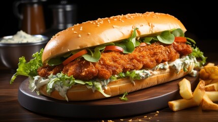  a chicken sandwich with lettuce, tomato, and mayonnaise on a wooden platter next to a pile of french fries and a cup of dip.