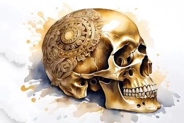 Stof per meter Aquarel doodshoofd watercolor art golden skull
