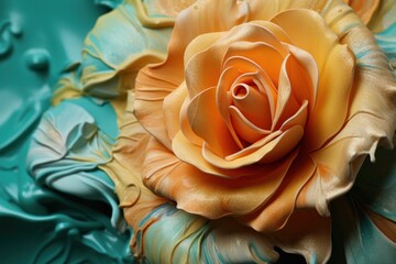  a close up view of a yellow rose on a blue background with a green leafy pattern on the bottom half of the rose, and the center part of the flower.