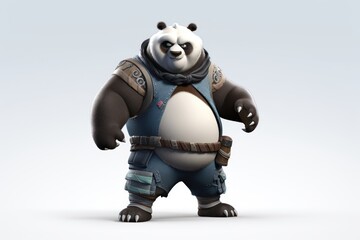  a panda bear wearing a blue and white outfit and holding a black and white object in one hand and a black and white object in the other hand in the other hand.