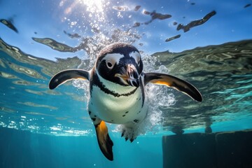  a penguin swimming in the water with its head above the water's surface and its head above the water's surface, with sunlight shining on the water surface. - obrazy, fototapety, plakaty