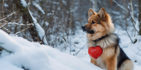 Cute dog in collar with red heart sitting in snow in winter forest. Valentine's day banner. Love and Romantic concept	
