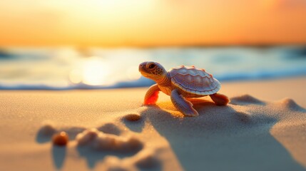 Obraz premium Close-up of a sea turtle crawling along the sand of the coast. Natural background. Modern screen design. Illustration for cover, postcard, postcard, banner, poster, brochure or presentation.