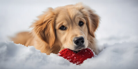 Cute dog and Valentine. Golden Retriever puppy playing with red heart in snow. Valentine's day greeting card. Love concept. Romantic banner, copy space