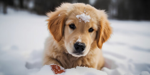 Golden Retriever Puppy with Red Heart in snowy forest, close-up. Cute dog and Valentine. Valentine's day concept. Love, Romantic banner