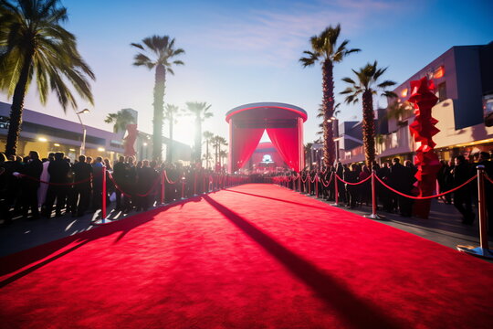 Red carpet event with palm trees and people