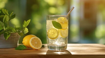  a close up of a glass of water with lemons on a table next to a potted plant and a potted plant with a green leaf on it.