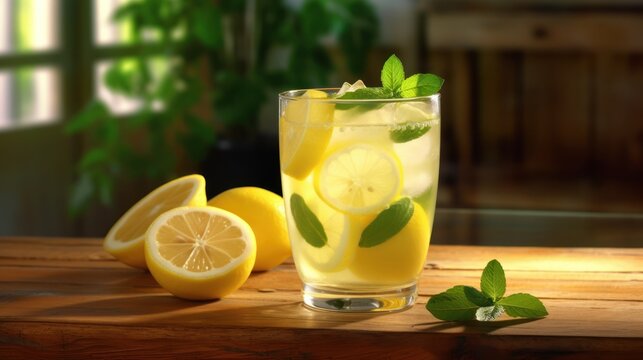  a glass of lemonade with a slice of lemon and mint on a wooden table with a potted plant in the back ground and a window in the background.