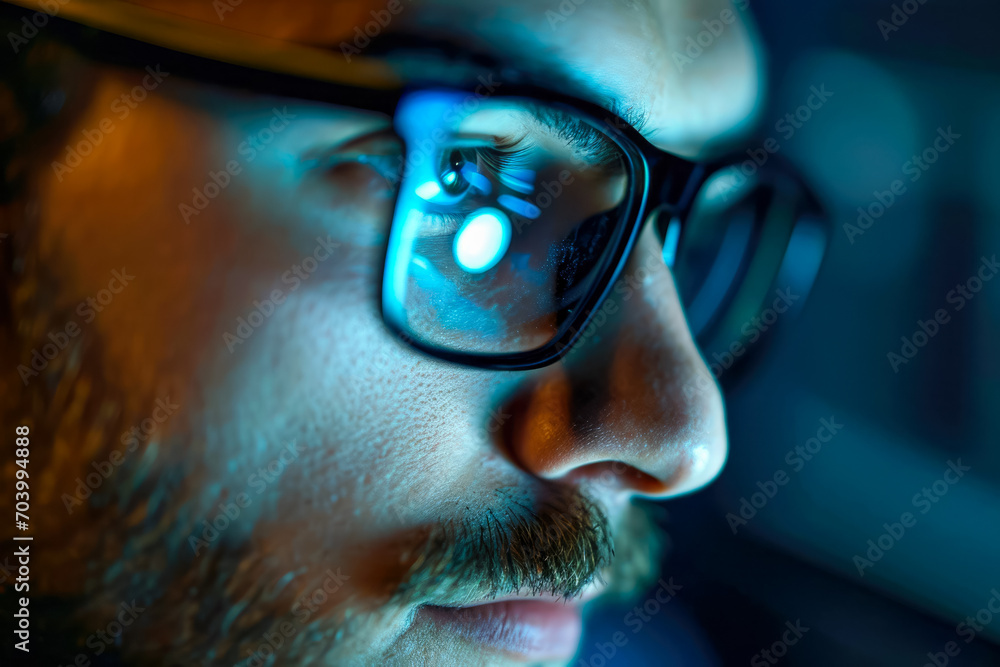 Poster attentive young business man software developer wearing glasses with reflection looking at computer 