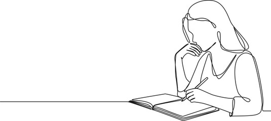 continuous single line drawing of woman writing in diary, line art vector illustration - obrazy, fototapety, plakaty