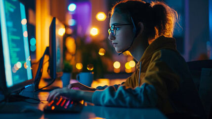 Young girl programmer writing code on the keyboard, in the office space at night