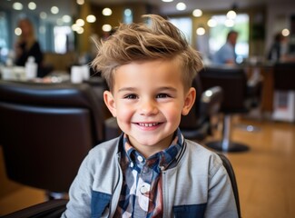 Portrait of cute little boy smiling at camera in a barbershop