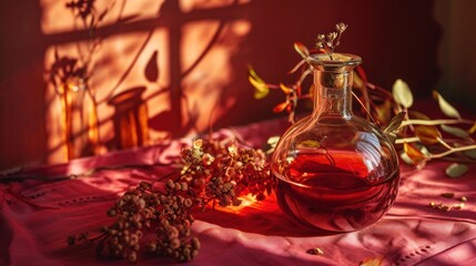  a glass bottle filled with liquid sitting on top of a table next to a bunch of leaves and a twig on a table cloth covered with a red cloth.