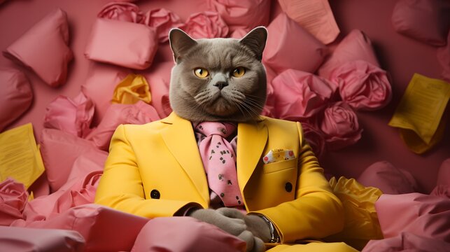A gray cat wearing a yellow suit and pink tie is sitting in a pink background with a serious look on its face