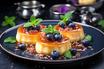 pudding with blueberries and caramel sauce, delicious dessert