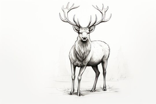  a black and white drawing of a deer with antlers on it's head and antlers on it's back, standing in front of a white background.