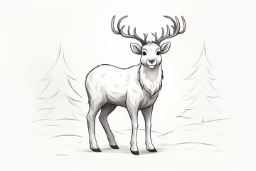  a drawing of a deer with antlers on it's head and antlers on it's back, standing in a snowy area with trees in the background.