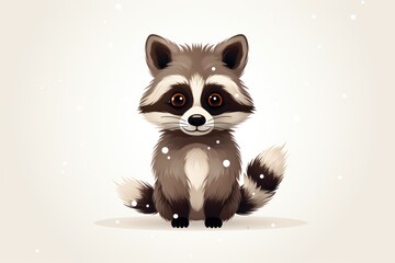 Fototapeta na wymiar a raccoon is sitting in the snow with snow flakes on it's fur and looking at the camera, on a white background with snowflakes and snowflakes.