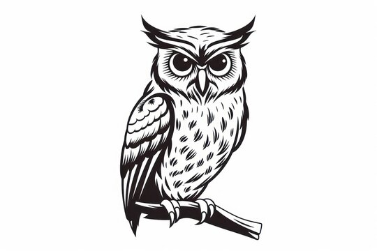  an owl sitting on a branch of a tree with its eyes wide open, black and white drawing of an owl sitting on a branch of a tree with its eyes wide open.