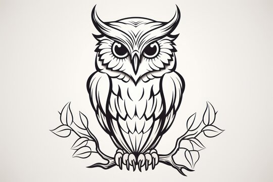  an owl sitting on top of a tree branch with a leafy branch around it's neck and a large, black - and - white outline drawing of an owl on - white background.