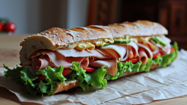 Delicious sub sandwich, with deli meat and lettuce