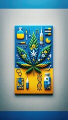 Vertical conceptual illustration focusing on the legalization of medical cannabis in Ukraine, blending national symbols with medical cannabis elements, suitable for journalistic and educational use.
