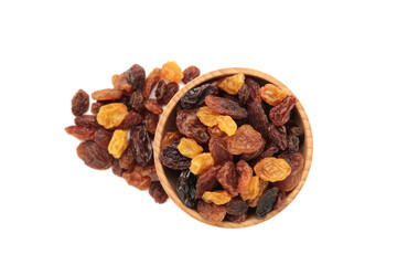 Raisins in wooden bowl isolated on white background.