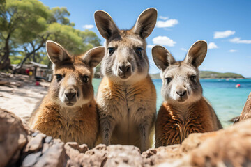 National kangaroo family in Australian beach. Australia's day - obrazy, fototapety, plakaty