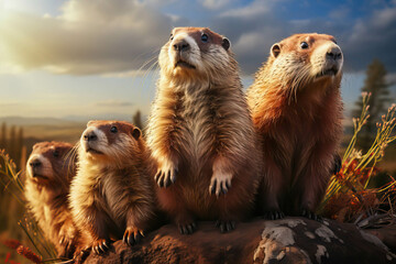 A groundhog family on Groundhog Day to announce spring. Weather prediction in february - obrazy, fototapety, plakaty