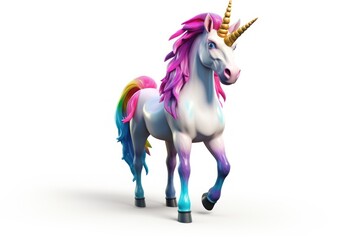  a white unicorn with a pink mane and a blue tail is standing in front of a white background and has a blue tail and a yellow horn on it's head.