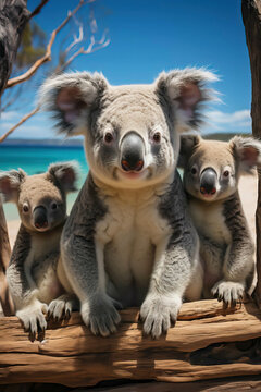 koala family in the beach in Australia. A baby koalas with her mother on Australia's day