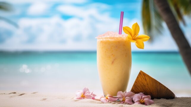  a drink sitting on top of a sandy beach next to a palm tree with a yellow flower sticking out of the top of the drink in front of the picture.