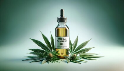 Wide-format photorealistic image of a medical cannabis oil bottle, set against a single-color background, with cannabis leaves spread around, highlighting the product's natural origin.
