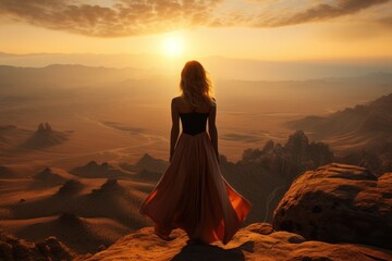Fototapeta na wymiar a woman in a long dress standing on top of a mountain looking out at a valley and the sun setting in the distance with mountains in the distance in the distance.