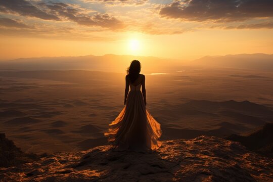  a woman in a long dress standing on top of a mountain with the sun setting over the mountains behind her and her back to the camera, with her back to the camera.
