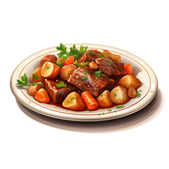 plate of braised beef and vegetables on transparent background created with Generative Ai