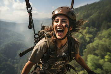 Zip Line Adventure: Young woman enjoying a zip-lining experience over dense forest terrain. - Powered by Adobe