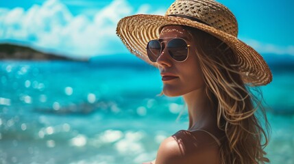 Portrait of stylish woman with sun glasses, standing at beach - obrazy, fototapety, plakaty