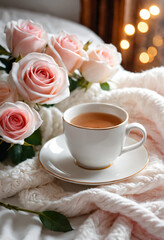 Obraz na płótnie Canvas cup of coffee and roses