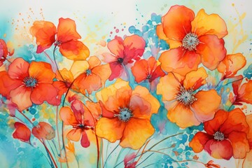  a painting of red and orange flowers on a blue and green background with a splash of paint on the bottom half of the painting and bottom half of the painting.
