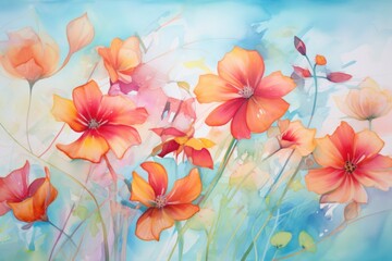  a painting of a bunch of flowers on a blue and white background with a blue sky in the background and a few orange flowers in the middle of the painting.