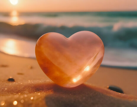 Transparent shiny smooth polished glass stone, peach fuzz colored, in heart shape on the beach