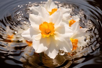 a close up of a white and yellow flower in a body of water with drops of water on the bottom and bottom of the flower and bottom of the water.