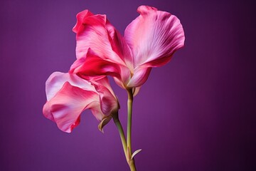  a couple of pink flowers sitting on top of a purple table next to a blue vase with a pink flower on top of a purple table next to a purple background.