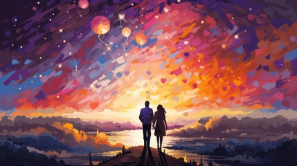  a painting of two people standing on top of a hill looking at the sky with balloons floating in the air over a body of water at night sky with stars.