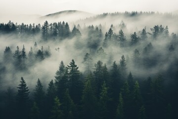  a forest filled with lots of tall pine trees covered in a layer of fog and smoggy fog in the distance is a hill with a forest covered with tall pine trees in the foreground. - obrazy, fototapety, plakaty