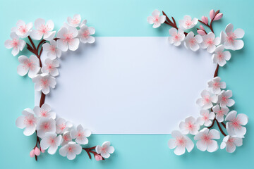 Naklejka na ściany i meble branches of cherry blossoms frame a sheet of white paper with a place for text, a spring banner with a delicate turquoise background, a design concept for spring marketing materials